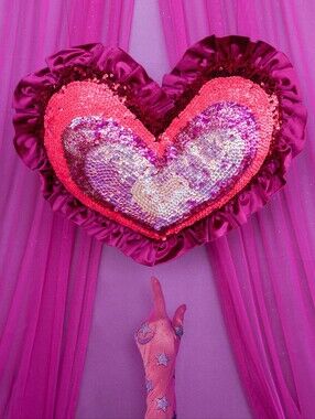 Jackalope Land Sequin Heart Throw Pillow - Red Pink Velvet